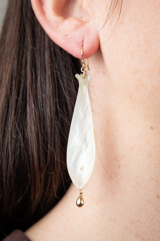 Carved Mother of Pearl Fish Earrings