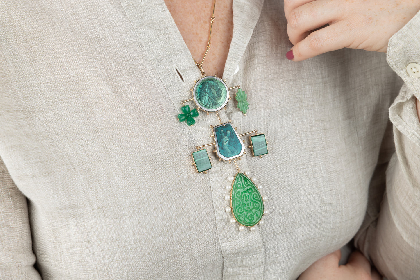 Green Jade & Malachite Balance Bar Pendant